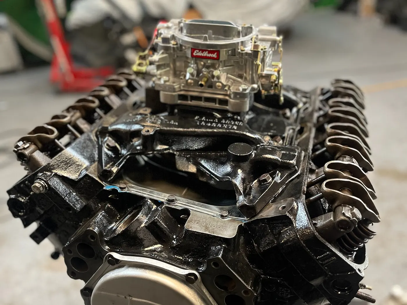 Rebuilt V8 engine with Edelbrock carburettor at Goblin Automotive