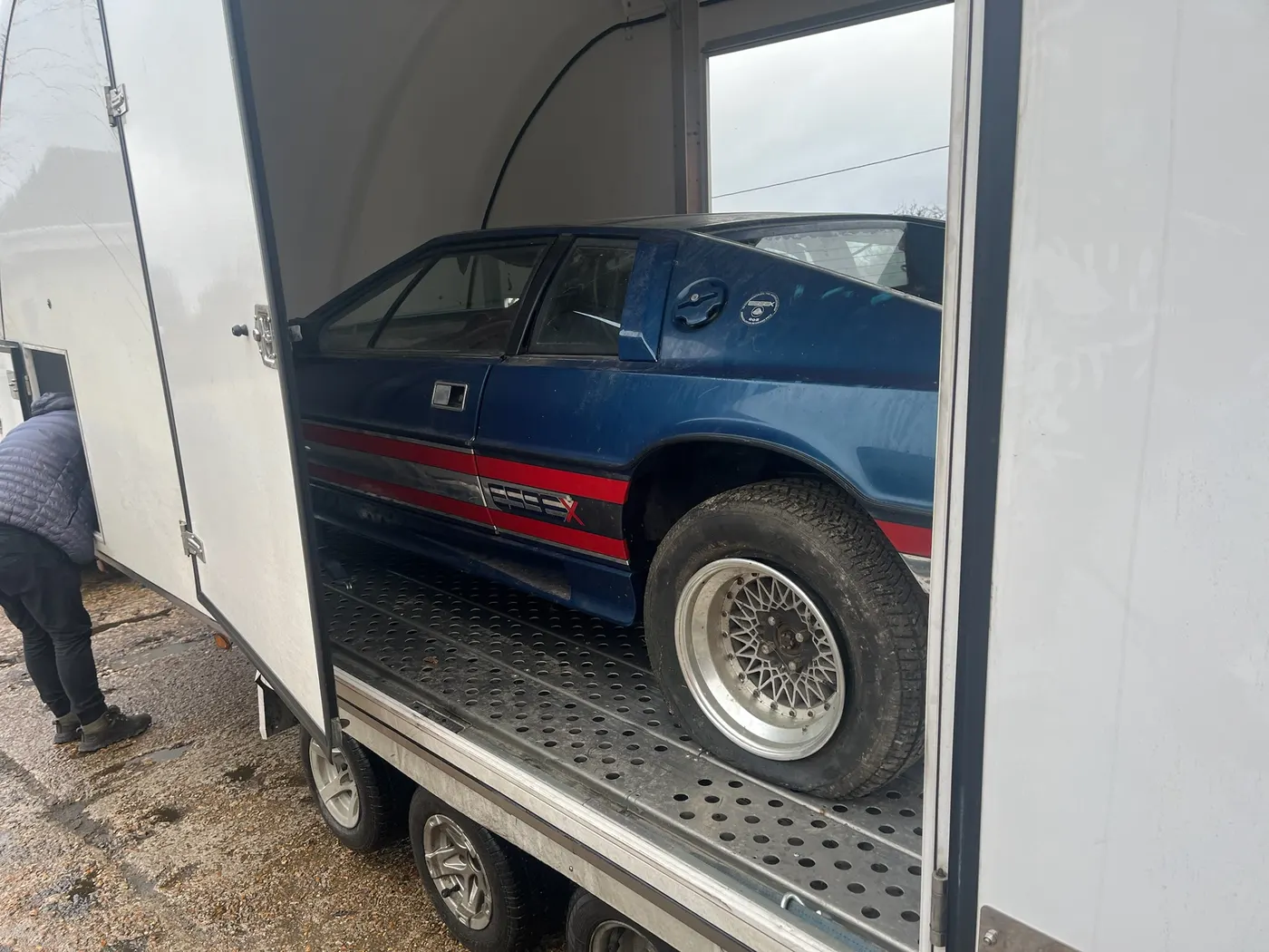 Blue Lotus Esprit on the workshop ramp at Goblin Automotive