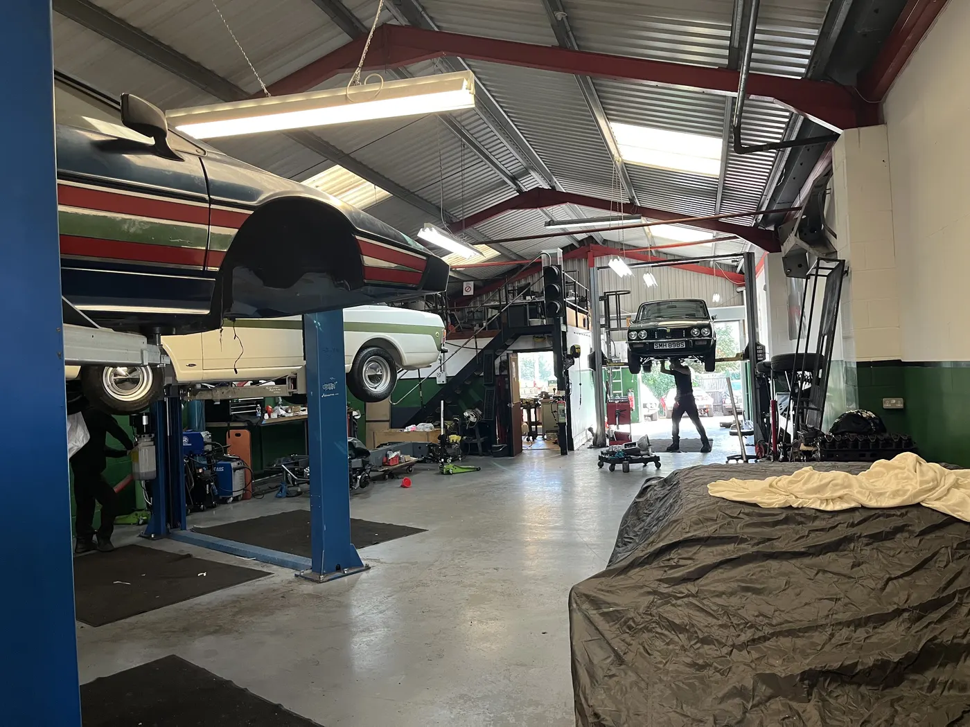 Workshop interior at Goblin Automotive during restoration work